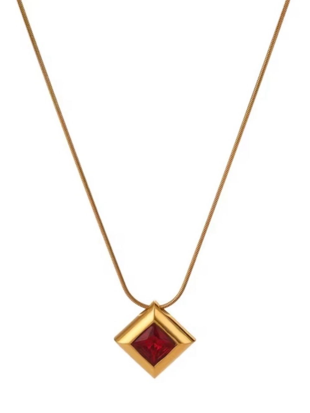 18k Gold Plated Necklace with Ruby-Red Square CZ Gemstone Pendant. New.
